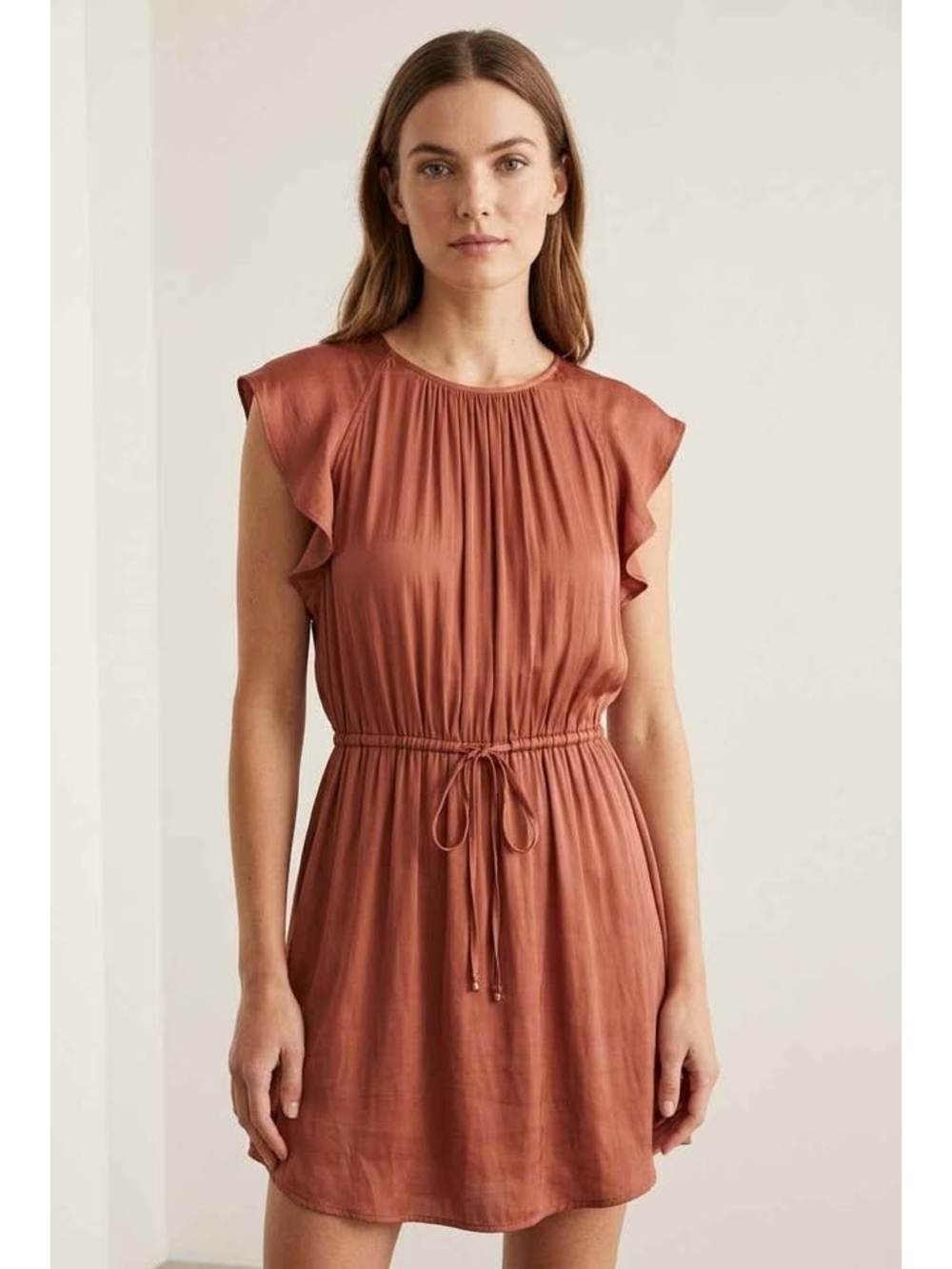 H&M Rust Copper Flutter Sleeve Fairy Boho Chic Satin Drawstring Mini Dress - 8